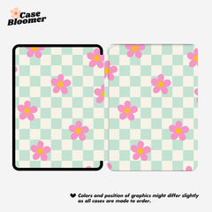 Cute Checkerboard Pink Flowers Kindle Case, Kobo, Free Personalization